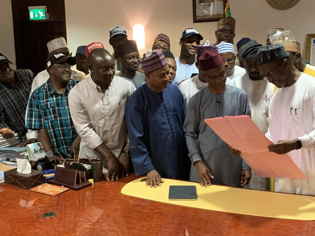 Presentation of the result sheet to the winner, Governor Nasir el Rufai by the SSG, Malam Balarabe Lawal, Senator-elect Suleiman Abdu Kwari and Senator-elect Uba Sani