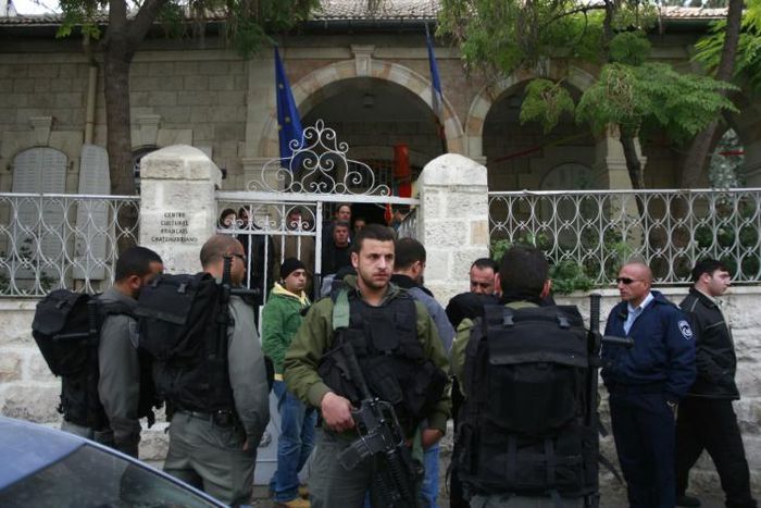 Israeli border police surround the entrance of the French cultural centre in annexed east Jerusalem during a previous diplomatic spat over an event it hosted in 2009