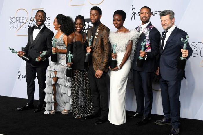The global film market grew by nine percent, driven by hits such as "Black Panther," whose cast is pictured here