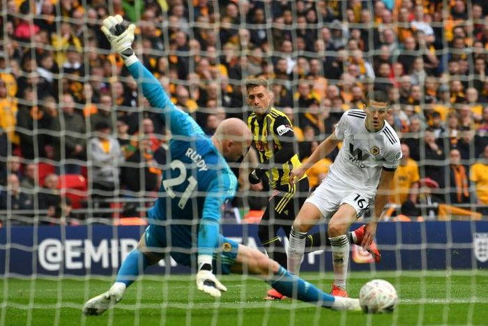 Gerard Deulofeu (centre) scores Watford's third goal against Wolves in the FA Cup semi-final at Wembley