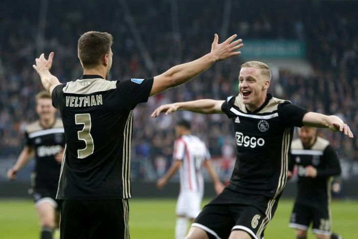 Joel Veltman and Donny van de Beek of Ajax - the Dutch side are into the Champions League quarter-finals after their stunning win over Real Madrid in the last round