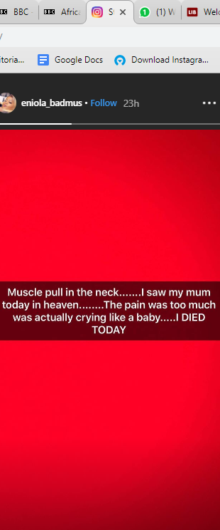 Eniola Badmus left a troubling message on her IG yesterday. She talked about being in so much pain after seeing her mum in heaven. [Instagram/eniola_badmus]