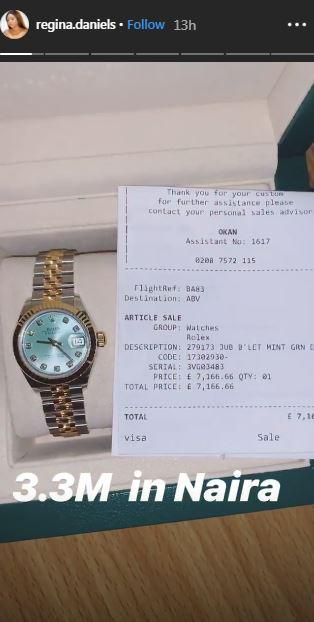 Regina Daniels shows off wristwatch worth 3.3M on Instagram [Instagram/ReginaDaniels]