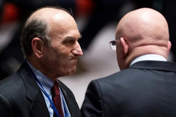 US envoy on Venezuela Elliott Abrams (L) speaks to Russian Ambassador Vassily Nebenzia ahead of a vote on a US draft resolution calling for new presidential elections in Venezuela -- Russia and China vetoed the text