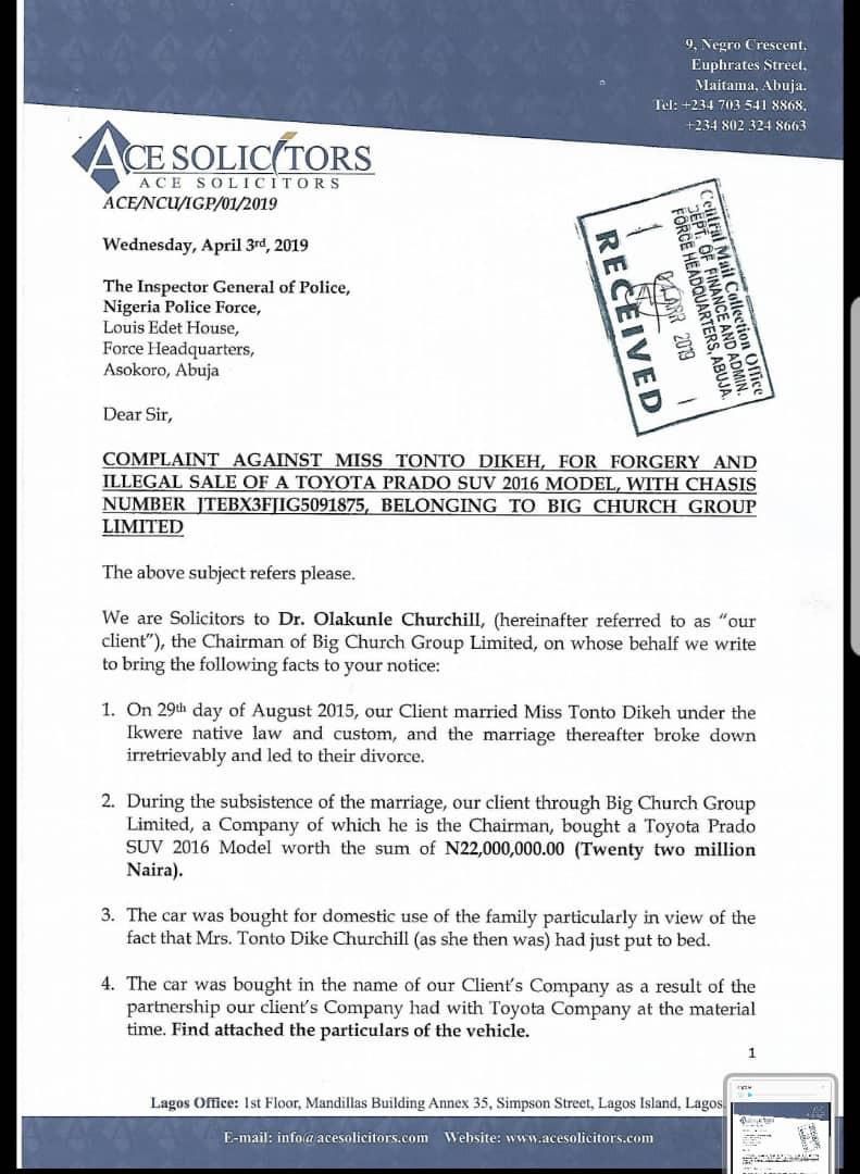 Churchill OIlakunle files petition to IG over Tonto Dikeh's alleged illegal sale of his SUV [LindaIkeji]
