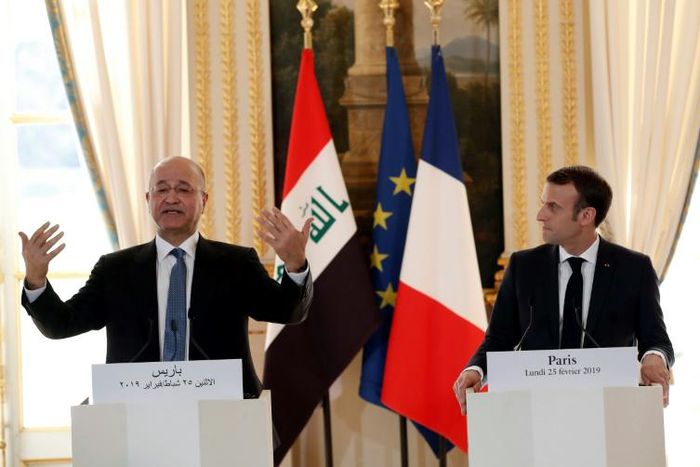 Iraqi President Barham Saleh, at a joint press conference with his French counterpart Emmanuel Macron, lauded France for its "model relationship" in assisting Iraq
