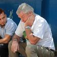 Frederic Coppens (R), of Belgium, the father of imprisoned Belgian-Nicaraguan student leader Amaya Coppens, reacts next to Adam Gabriel Enriquez, husband of imprisoned student Yaritza Rostran, on March 7, 2019 during a hunger strike by the prisoners
