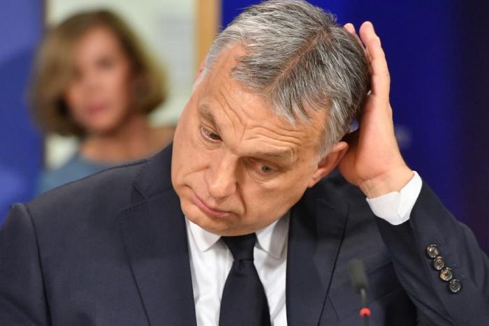 Hungary's Prime Minister Victor Orban gives a press conference after the European People's Party suspended his Fidesz party from its ranks