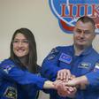 US astronauts Christina Koch and Nick Hague (R) and Russian cosmonaut Alexey Ovchinin are scheduled to travel to the International Space Station