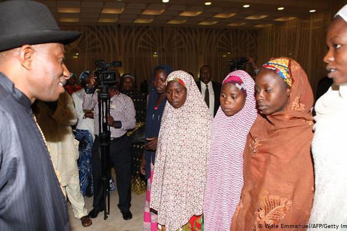 President Goodluck Jonathan met with some of the girls that escaped in July 2014 [Wole Emmanuel/AFP/Getty]