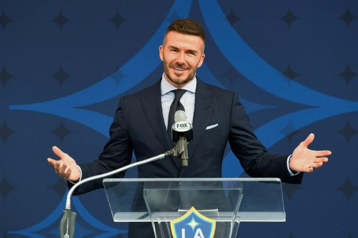 David Beckham speaks at an event to unveil a statue of him in Carson, California