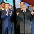Russian President Vladimir Putin speaks at a concert for the fifth anniversary of Russia's annexation of Crimea, Simferopol, March 18, 2019. EU states Estonia and Poland said they blocked a Russian training ship from their waters because some on board ...