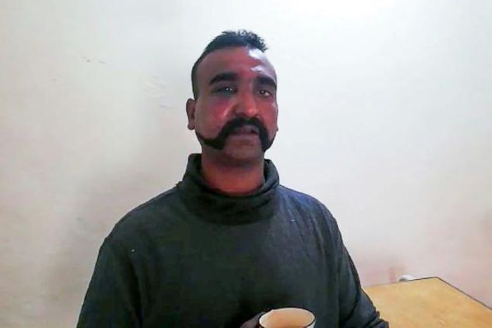 Abhinandan Varthaman, the Indian pilot shot down over Pakistan on Wednesday drinks a cup of tea in a picture issued by Pakistan's Inter Services Public Relations