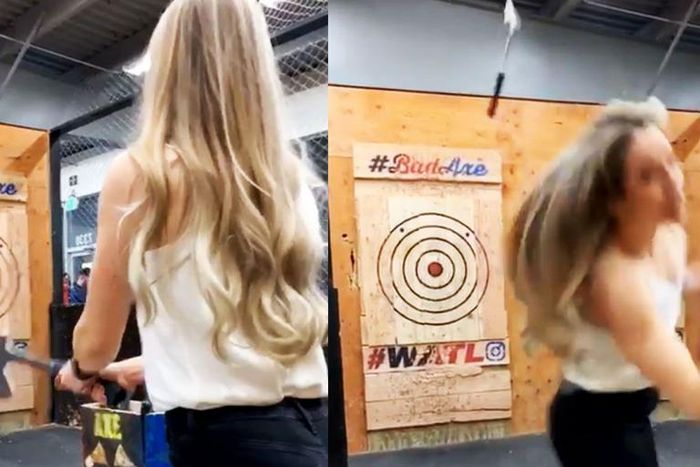 Woman Narrowly Dodges An Axe Flying At Her Head