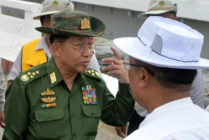 Myanmar military chief Senior General Min Aung Hlaing, seen here inspecting a bridge in August 2018, is facing calls from US senators to face punishment over the campaign against the Rohingya minority