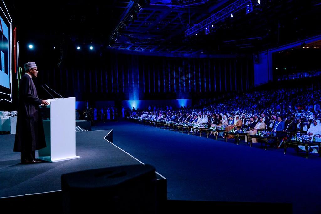 President Muhammadu Buhari delivering his keynote address at the Annual Investment Meeting in Dubai, UAE  [Twitter/NGRPresident]