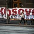 A banner commemorates the anniversary in Belgrade
