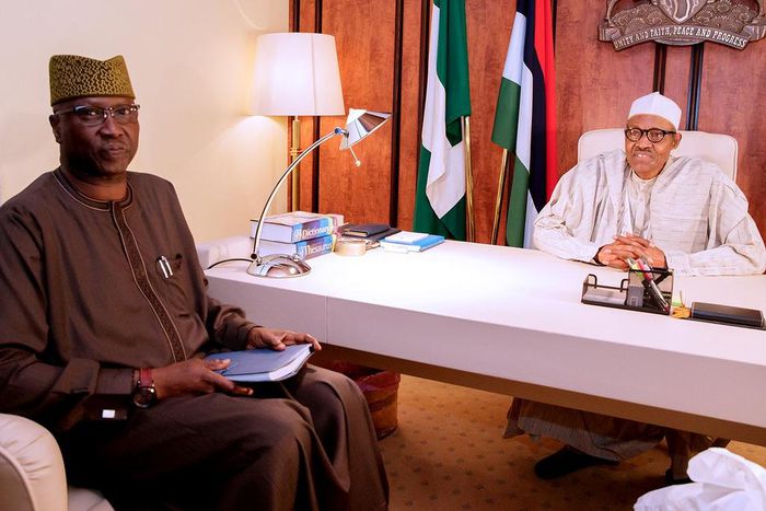 President Muhammadu Buhari meets Secretary to the Government of the Federation (SGF), Boss Mustapha, at the Presidential Villa
