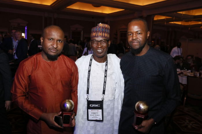 From left, Emerging Market Spotlight Award winners Moses Babatope, Managing Directork FilmOne Distribution, Thomas Adedayo, NFVCB, Nigeria and Kene Okwuosa, CEO, Filmhouse Cinemas during the International Day Lunch held at Caesars Palace during CinemaC...