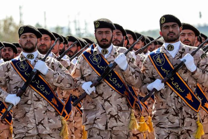 Members of Iran's Revolutionary Guard Corps (IRGC) march in September 2018 during the annual military parade marking the outbreak of the 1980-1988 war with Saddam Hussein's Iraq