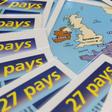 In a hangar that serves as the logistic hub of publisher AEDIS in central France, dozens of copies of laminated leaflets on 'Europe at 27' rest on boxes