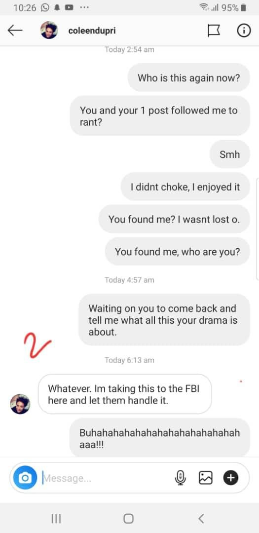 Screenshots of the conversation between Ruggedman and the American woman [LindaIkeji]