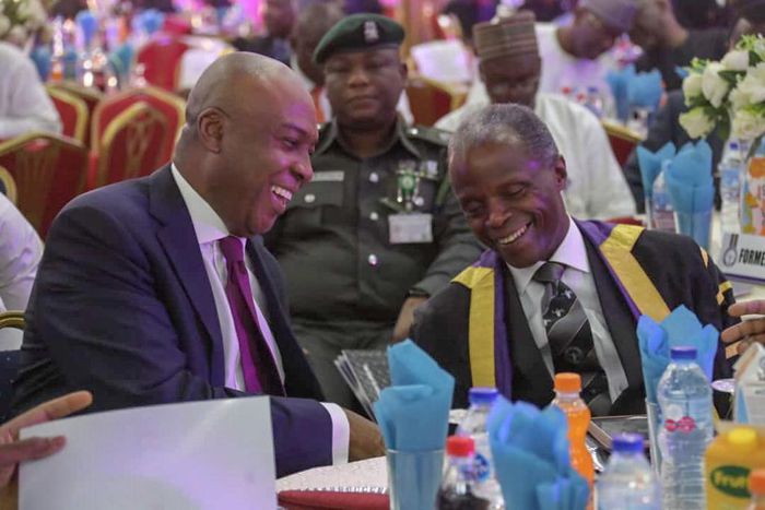 The Senate President of Nigeria, Dr. Bukola Saraki and Vice President, Prof. Yemi Osinbajo, are at an event owned by the Body of Benchers in Nigeria. [Twitter/SPNigeria]
