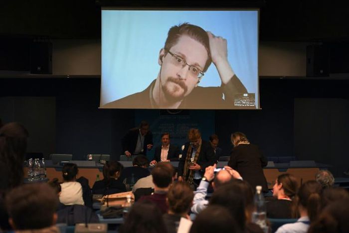 Former US National Security Agency contractor and whistle-blower Edward Snowden speaking on March 15, 2019 via video link from Russia