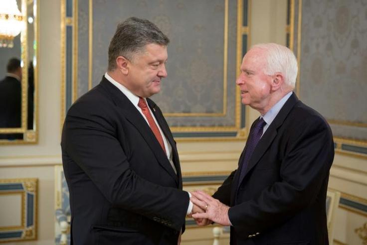 McCain, pictured right with Ukrainian President Petro Poroshenko, irked Moscow with his support for pro-Western leaders in ex-Soviet Georgia and Ukraine