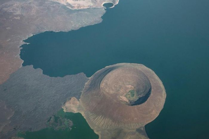 Aerial view of part of Lake Turkana in northwest Kenya. The world's largest desert lake is a haven for wildlife, luring well-heeled tourists