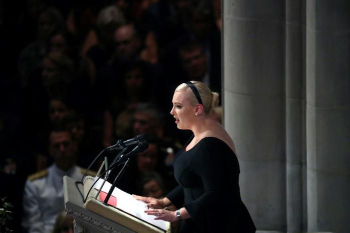 Meghan McCain, shown delivering a eulogy at the funeral for her father Senator John McCain, calls the US military's ban on transgender members "discriminatory"