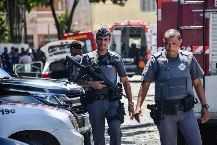 Police at the scene of a deadly shooting at a school in Suzano, Sao Paulo metropolitan region, Brazil, on March 13, 2019