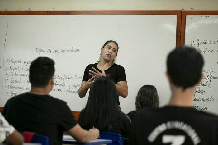 Teacher Karla Souza, who is against police presence in schools, gives class at the Education Center 07 of Ceilandia, near Brasilia which takes part in a pilot project of joint management between the Brazilian Secretariats of Education and Public Securi...