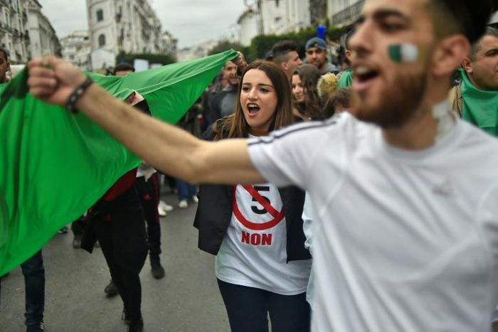 Algerian protesters demonstrate against their ailing president's bid for a fifth term in Algiers on Friday
