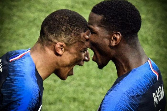 France duo Kylian Mbappe (L) and Paul Pogba after Pogba's World Cup final goal