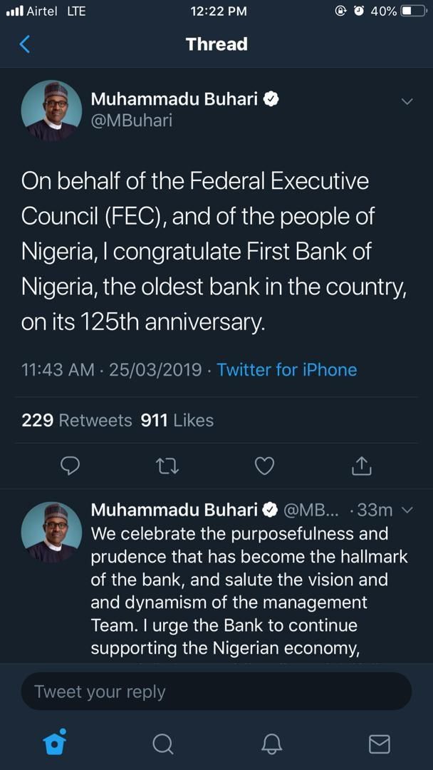 Buhari felicitates with FirstBank on 125th anniversary [Twitter/@MBuhari]
