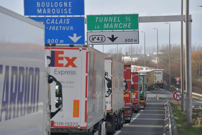 Trucks backed up along the A16 motorway which leads to the port of Calais and the entrance to the Channel tunnel which links France and Britain