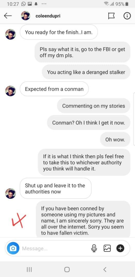 Screenshots of the conversation between Ruggedman and the American woman [LindaIkeji]