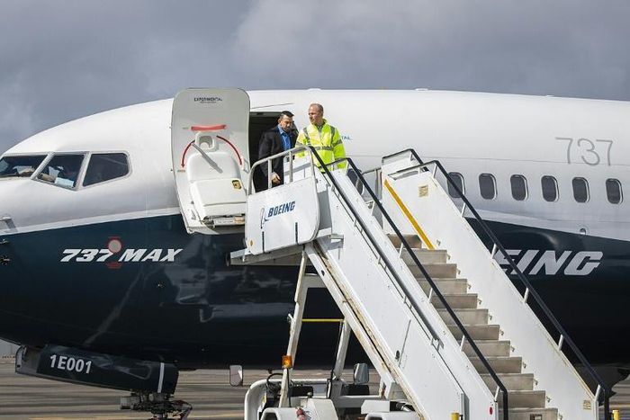 Boeing Chief Executive Dennis Muilenburg deplaning a Boeing 737 MAX after a test flight of the company's proposed fix to its anti-stall system