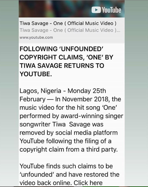 Tiwa Savage 'One' visuals restored to YouTube [Instagram Tiwa Savage]