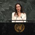 Angelina Jolie addressing a meeting of UN peacekeeping officials at the world body's headquarters in New York