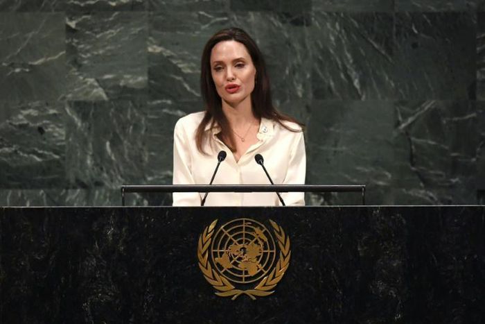 Angelina Jolie addressing a meeting of UN peacekeeping officials at the world body's headquarters in New York