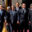 Argentine President Mauricio Macri, Colombia's Ivan Duque, Martin Vizcarra of Peru, Brazil's Jair Bolsonaro, Paraguay's Mario Abdo host President Sebastian Pinera of Chile, pictured at La Moneda palace in Santiago at the launch of the new PROSUR bloc