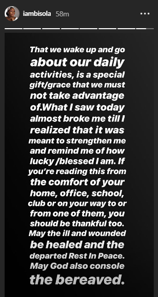 On Instagram, Bisola Aiyeola is not taking for granted the opportunity to freely go about her business without the tragedy that befell victims of the Lagos Island building collapse.