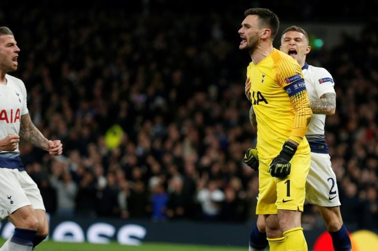 Tottenham goalkeeper Hugo Lloris celebrates after saving Sergio Aguero's penalty in their Champions league quarter-final