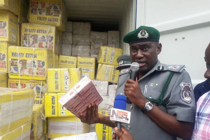Controller, Tin Can Island Port Command of the Nigeria Customs Service, Comptroller Musa Abdulahi announcing the interception of Tramadol tablets on Tuesday, May 8, 2018