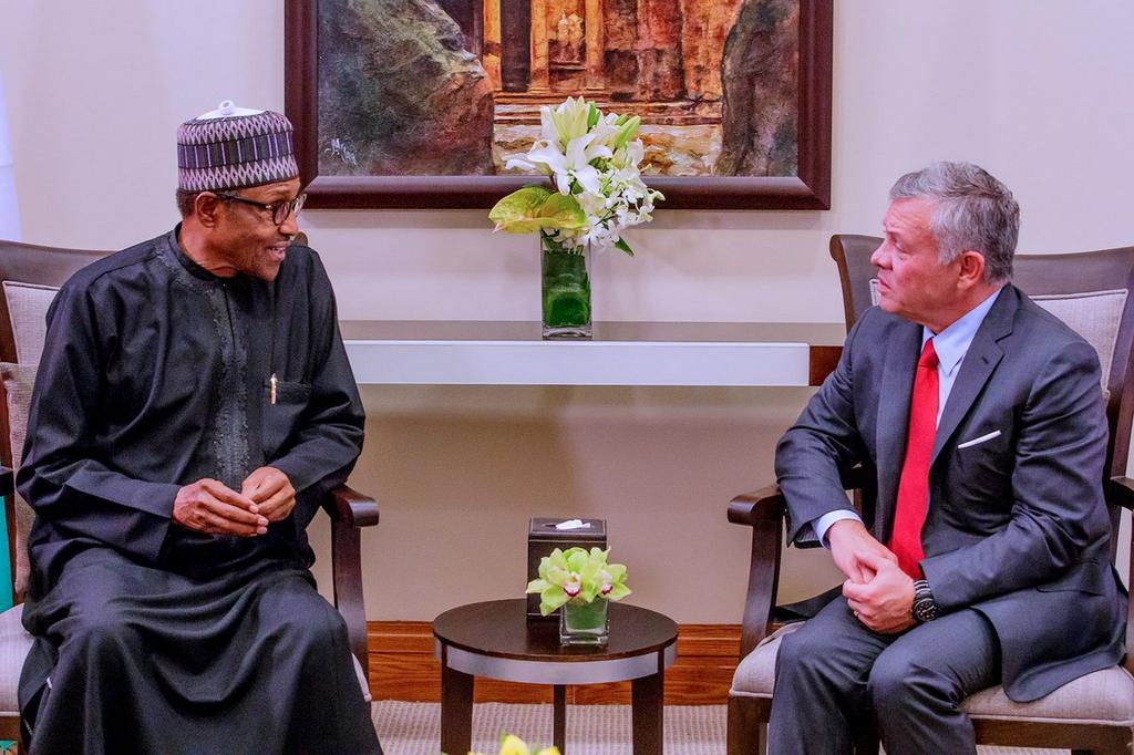 President Buhari holds a bilateral meeting with King of Jordan, King Abdullahi II bin Al-Hussein on the sideline of the World Economic Forum on the Middle East and North Africa in Amman, Jordan