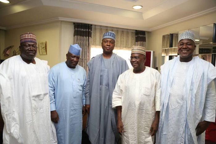 L-R: Senate Majority Leader, Senator Ahmed Lawan; Zamfara State Governor, Abdulaziz Yari; Senate President Bukola Saraki; Senator Danjuma Goje; and Speaker of the House of Representatives, Yakubu Dogara