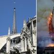 The steeple and spire of Notre-Dame de Paris Cathedral before and during the fire of April 15, 2019