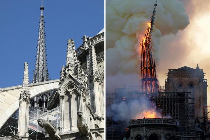 The steeple and spire of Notre-Dame de Paris Cathedral before and during the fire of April 15, 2019